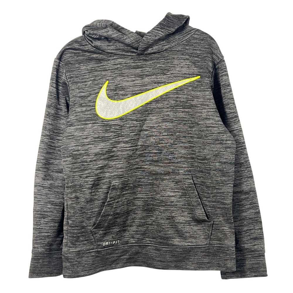 Nike Kids Gray and Neon Green Swoosh Hooded Sweatshirt Sporty Comfortable Boys 6